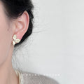 Cream White Enamel Three Petal Flower Pearl Stud Earrings view 2