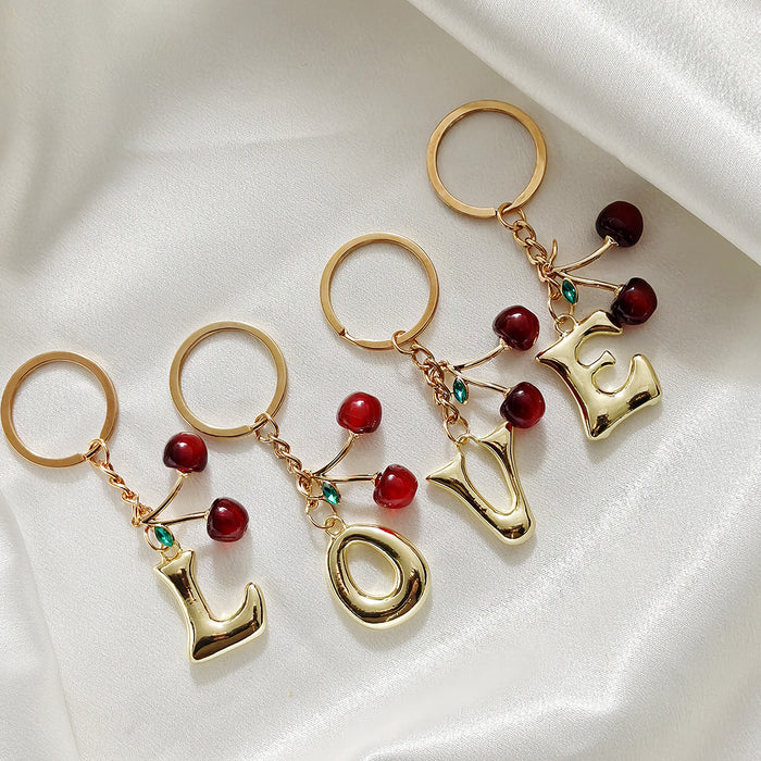 Gold Tone Cherry-Drop Bubble Letter Keychains from A to Z