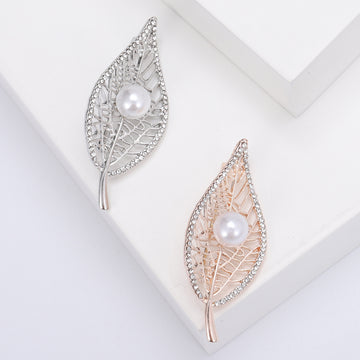 Openwork Leaf Brooch with Pearl Accent in Two Metal Tones