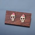 Gold Tone Rose Crown Skull Clear Stone Small Stud Earrings view 4