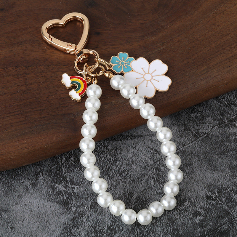 Two Tone Flower Rhinestone Keychain with Pearl Letter Bag Charm Pendant