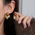 Brown Tiger Eye Look Square Tile Fringe Stud Earrings view 6
