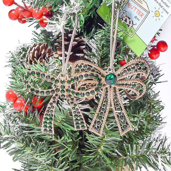 Green Rhinestone Bow Ornament Rose Gold Two Designs