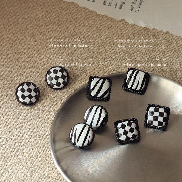 Black White Checkered and Zebra Pattern Stud Earrings