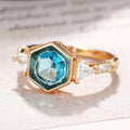 Gold Hexagon Teal Blue Center Triangle Side Stones Ring Alloy view 2