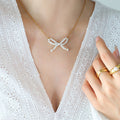 Faux Pearl Bow Pendant Gold Cable Chain Necklace Collar Style view 4