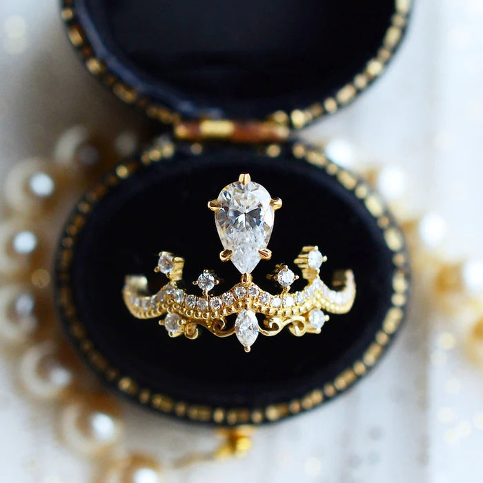 Gold Crown Style Ring Pear Clear Center Stone Accents