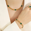 Gold Cuban Chain Necklace Bracelet Green Glass Stones view 1