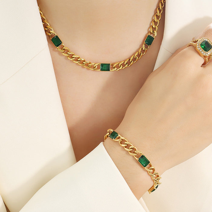 Gold Cuban Chain Necklace Bracelet Green Glass Stones