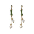 Gold Tone Green Bamboo And White Pearl Long Stud Earrings view 5