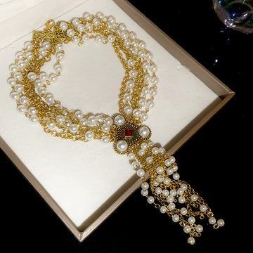 Gold-Tone Layered Pearl Tassel Statement Necklace Fashion Jewelry