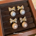 Gold Bow Pearl Drop Stud Earrings Fashion Jewelry Accessories view 4