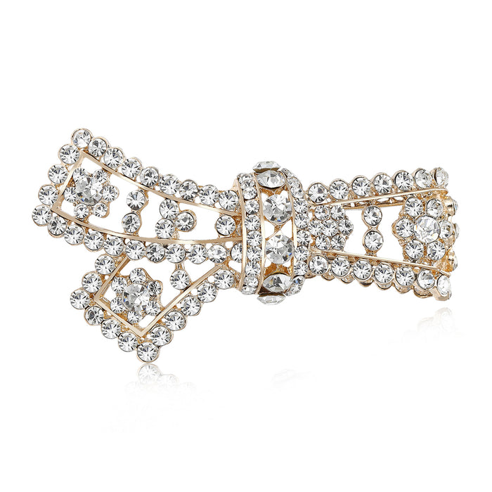 Long Openwork Crystal Bow Brooch in Gold or Silver Tone