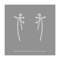 Silver Light Blue Teardrop Crystal Bow Long Drop Earrings view 4