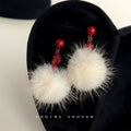 Red Stud White Fur Pom Pom Drop Earrings Pair Style view 1