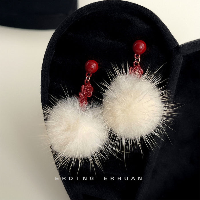 Red Stud White Fur Pom Pom Drop Earrings Pair Style