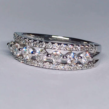 Wide Silver Tone Openwork Band Ring with Crystal Rows