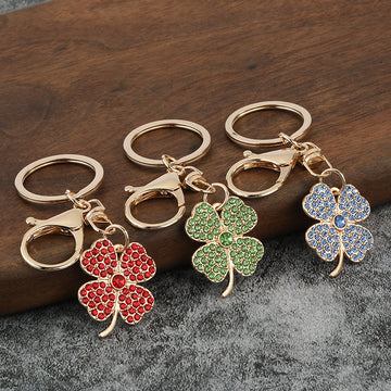 Rhinestone Four Leaf Clover Metal Keychain With Lobster Clasp