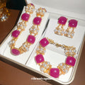 Gold Magenta Resin Pearl Crystal Necklace Earrings Bracelet view 3