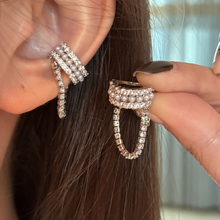 Crystal and Faux Pearl Draped Ear Cuff in Silver Tone