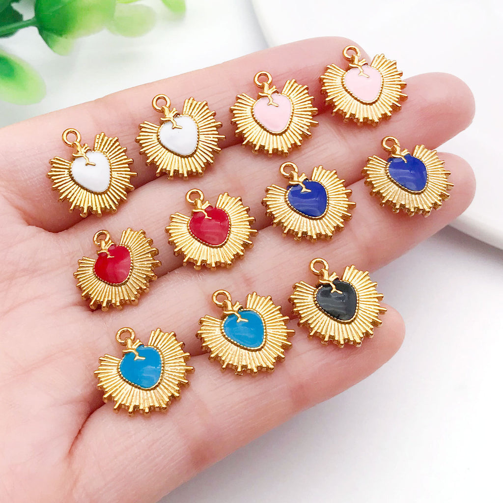 Gold Plated Stainless Steel Enamel Radiant Heart Double Sided Charm Pendant for DIY Necklaces Jewelry