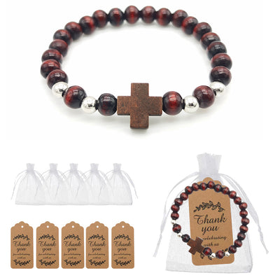 Dark wood cross bead bracelet with organza bags and kraft tags