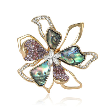 Shell Effect Petal Flower Brooch With Gold Crystal Outlines