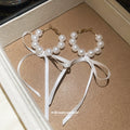 Faux Pearl Hoop Stud Earrings With White Ribbon Bows view 2