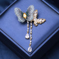 Blue Fabric Butterfly Brooch with Crystal Tassels Dangle Pin view 4