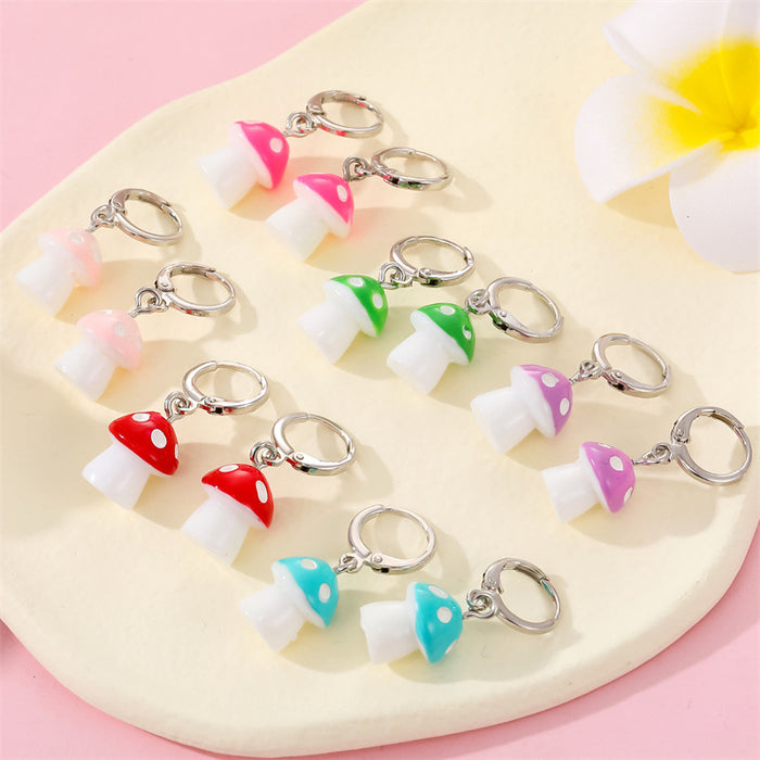 Silver Tone Mushroom Huggie Drop Earrings in Six Colors