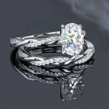 Oval Solitaire Twisted Pave Two-Ring Set In Silver Tone