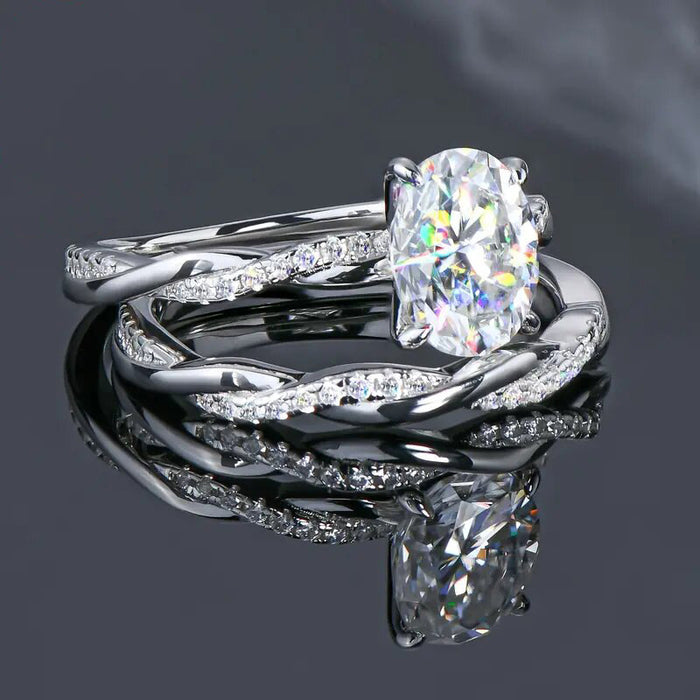 Oval Solitaire Twisted Pave Two-Ring Set In Silver Tone