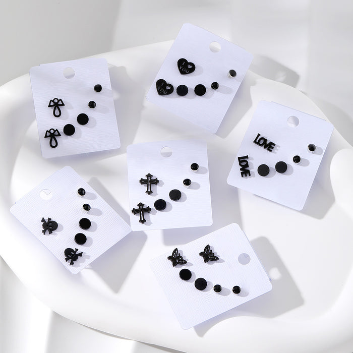 Black Tone Mixed Motif Stud Earring Three Pair Sets