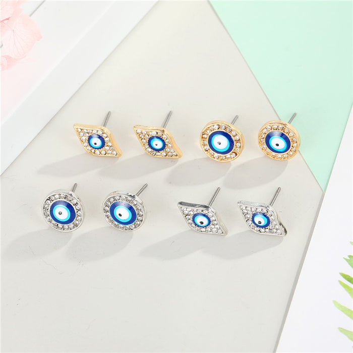 Blue Evil Eye Crystal Stud Earrings in Four Shapes and Finishes