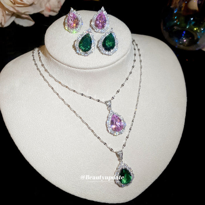 Teardrop Halo Zircon Necklace Stud Earring Sets Two Colors