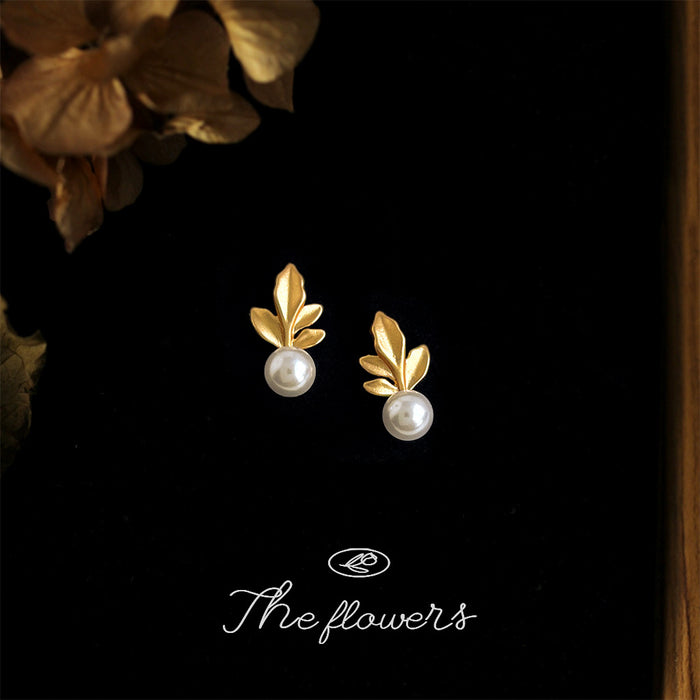 Matte Gold Maple Leaf Pearl Stud Earrings White Accent
