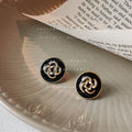 Black Gold Enamel Camellia Round Button Stud Earrings A76 view 1