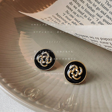 Black Gold Enamel Camellia Round Button Stud Earrings A76