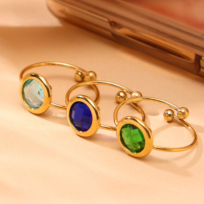 Gold Open Band Round Czech Glass Stone Rings Size Seven