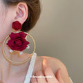 Red Fabric Rose Hoop Stud Earrings With Pearls Statement Pair view 3
