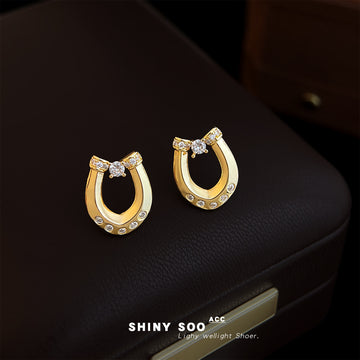 Gold U-Shape Horseshoe Stud Earrings Clear Stone Accents