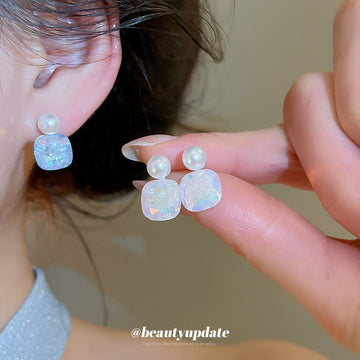Square Crystal Drop Stud Earrings in Pink and Blue