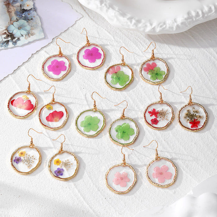 Irregular Gold Rim Resin Dried Flower Drop Earrings 7 Styles