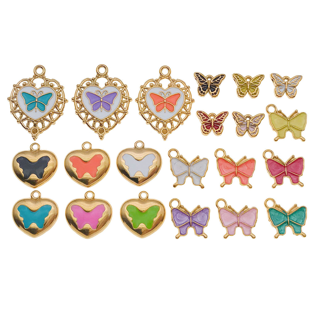 Color Enamel Stainless Steel Heart Butterfly Charm Pendant for DIY Bracelet Necklace