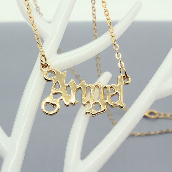 Gold Tone Gothic Script Angel Nameplate Pendant Necklace