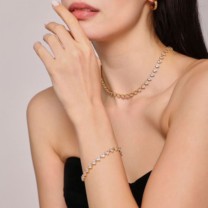 Heart Zircon Tennis Necklace Bracelet Gold Steel Multicolor