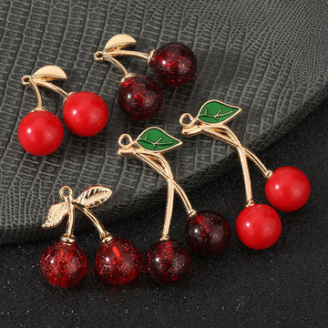 Resin Cherry Charm Pendant With Gold-Tone Leaf Solid And Glitter Colors