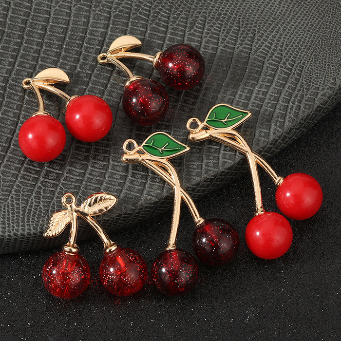 Resin Cherry Charm Pendant With Gold-Tone Leaf Solid And Glitter Colors