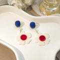 Navy Blue Cream Flower Pearl Drop Earrings Red Center view 3