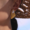 Fan Shell Pearl Stud Earrings Gold And Steel Tone Pair view 4